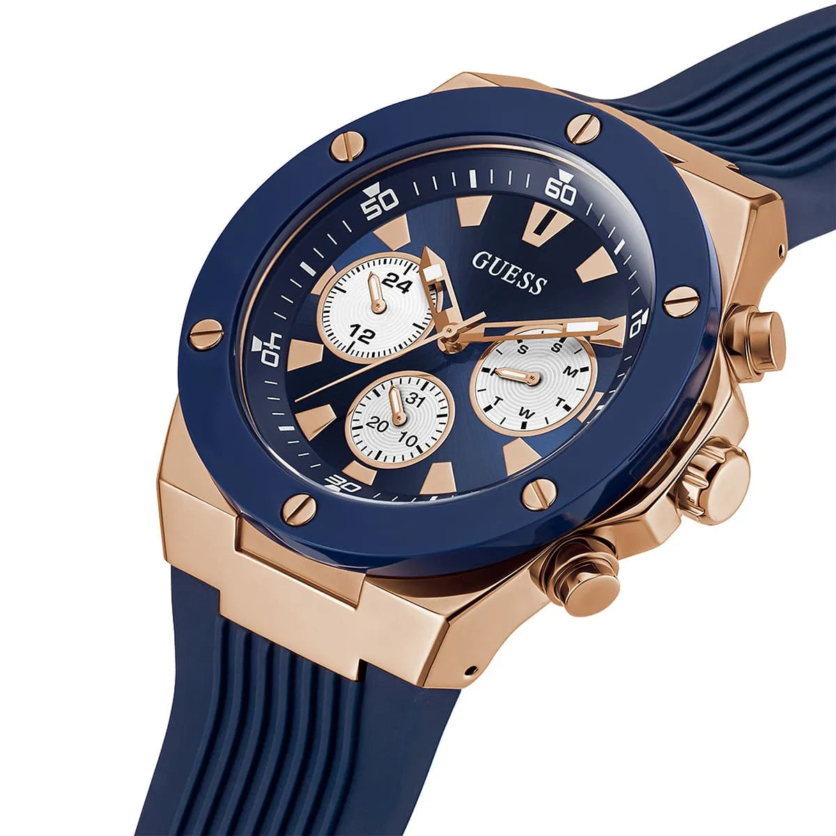 Guess Poseidon Multi-Function GW0057G2 Rose Gold Case Blue Dial Blue Rubber Men's Watch