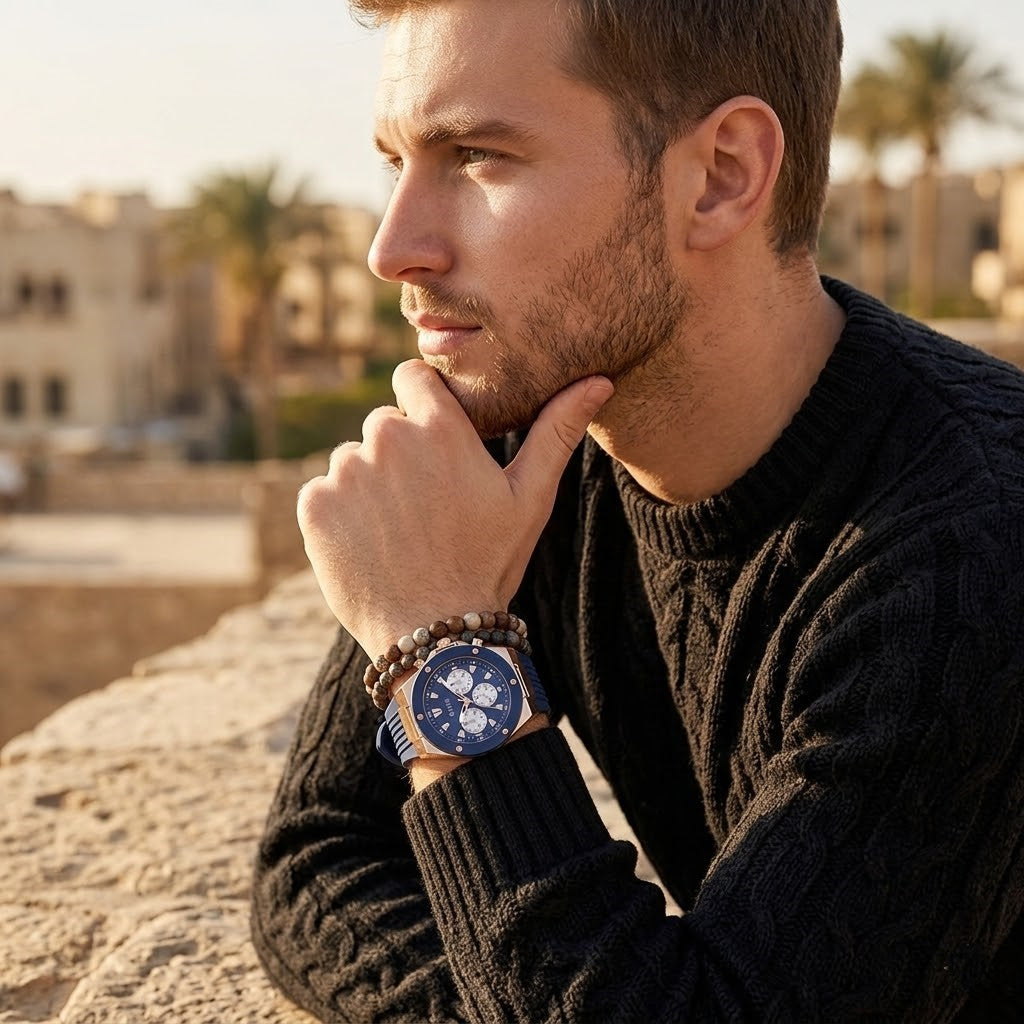 Guess Poseidon Multi-Function GW0057G2 Rose Gold Case Blue Dial Blue Rubber Men's Watch