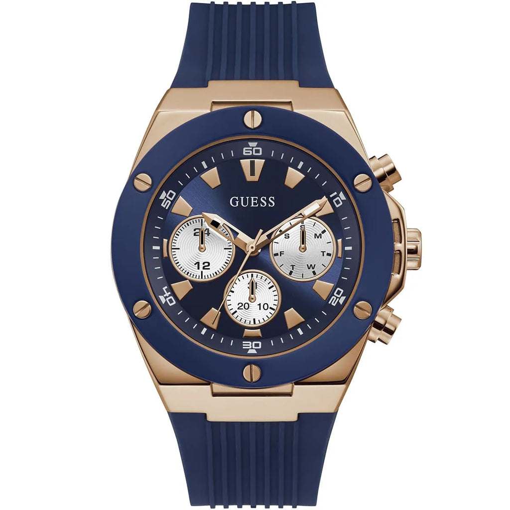 Guess Poseidon Multi-Function GW0057G2 Rose Gold Case Blue Dial Blue Rubber Men's Watch