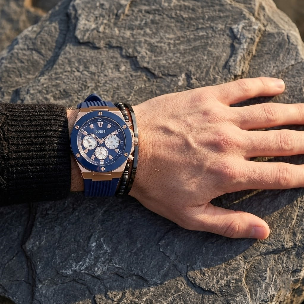 Guess Poseidon Multi-Function GW0057G2 Rose Gold Case Blue Dial Blue Rubber Men's Watch