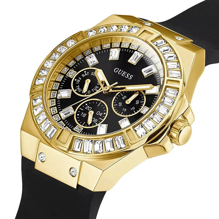 ساعة نسائية من Guess Venus GW0118L1 بمينا أسود وحزام مطاطي أسود بإطار ذهبي