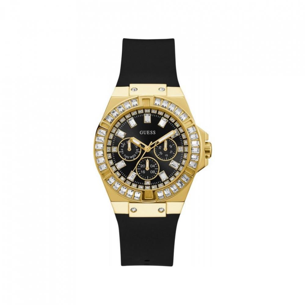 ساعة نسائية من Guess Venus GW0118L1 بمينا أسود وحزام مطاطي أسود بإطار ذهبي