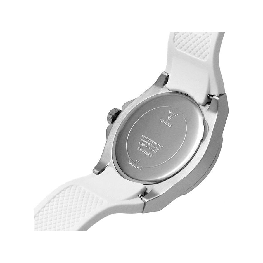 ساعة يد نسائية فضية اللون بمينا أبيض وسوار مطاطي أبيض طراز GW0118L3 من Guess Venus
