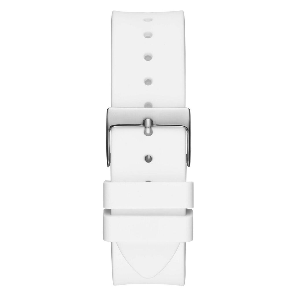 ساعة يد نسائية فضية اللون بمينا أبيض وسوار مطاطي أبيض طراز GW0118L3 من Guess Venus