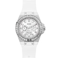 ساعة يد نسائية فضية اللون بمينا أبيض وسوار مطاطي أبيض طراز GW0118L3 من Guess Venus