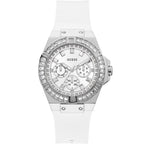 ساعة يد نسائية فضية اللون بمينا أبيض وسوار مطاطي أبيض طراز GW0118L3 من Guess Venus