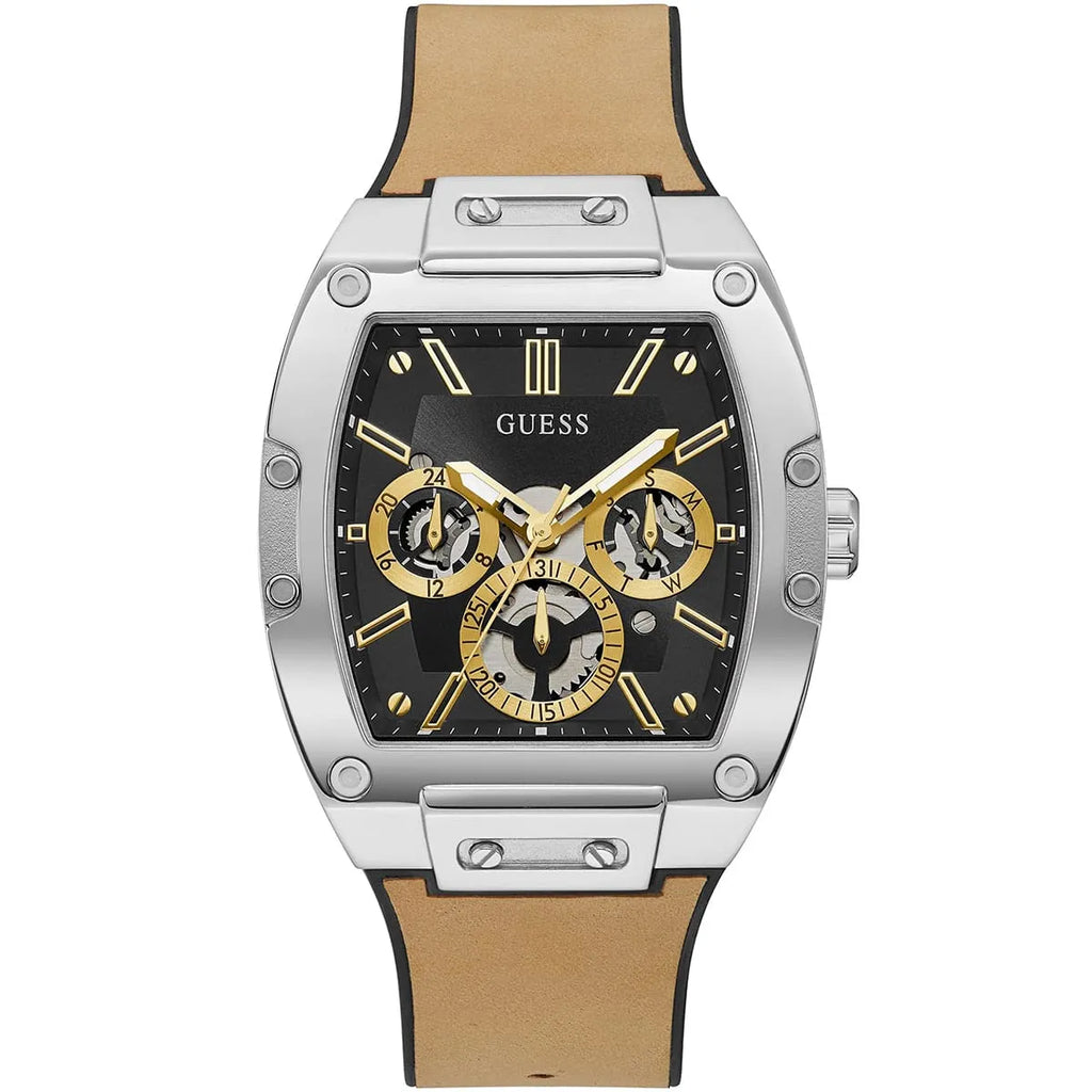 Guess Phoenix GW0202G3 Silver Tone Case Black Dial Brown Rubber Watch