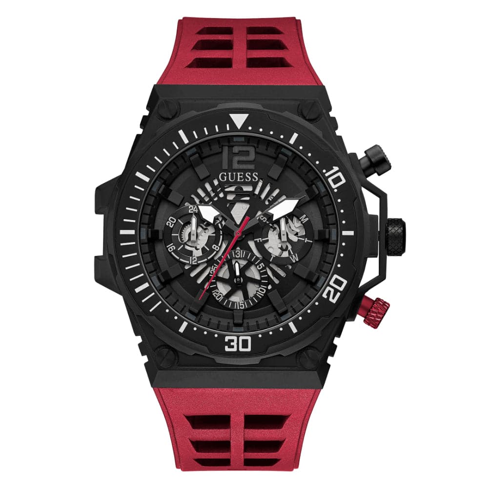 Guess Exposure GW0325G3 Black Tone Skeleton Dial Red Rubber Watch