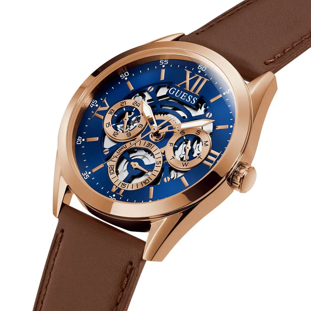 Guess Tailor GW0389G3 Rose Gold Case Blue Skeleton Dial Brown Leather Watch
