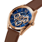 Guess Tailor GW0389G3 Rose Gold Case Blue Skeleton Dial Brown Leather Watch