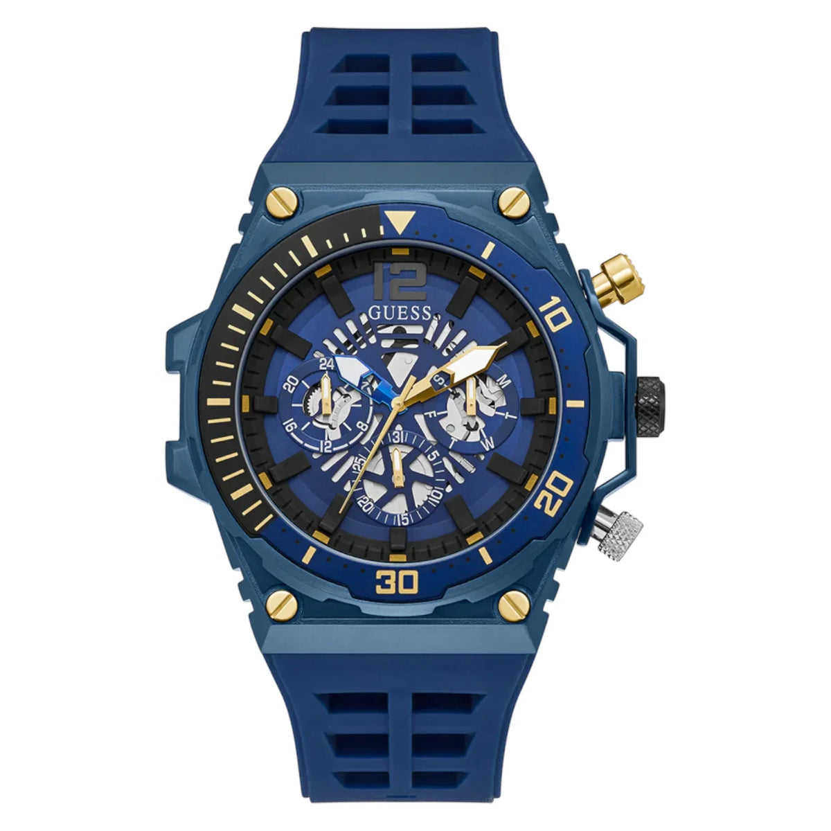 Guess Treasure GW0443G1 Blue Tone Skeleton Dial Blue Rubber Watch