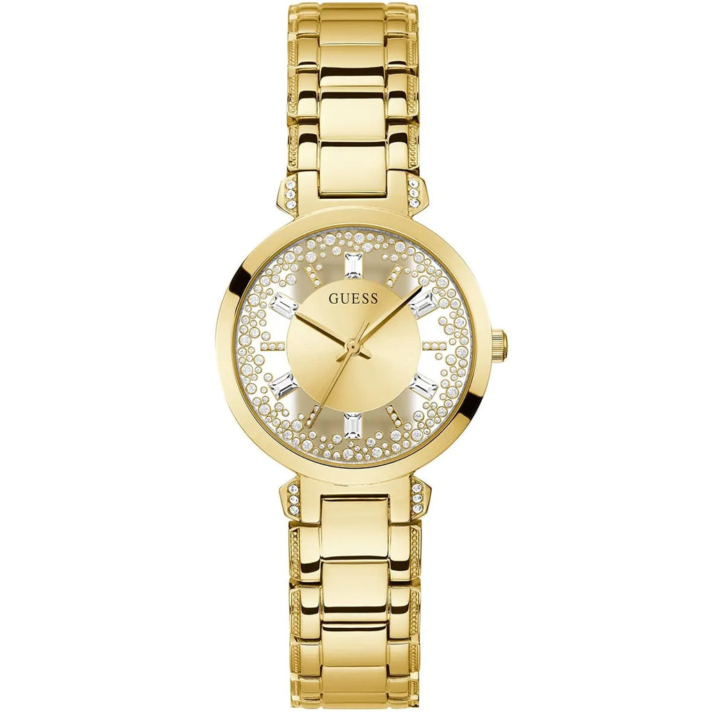ساعة يد نسائية شفافة من مادة الكريستال الذهبي طراز GW0470L2 من Guess Crystal Clear