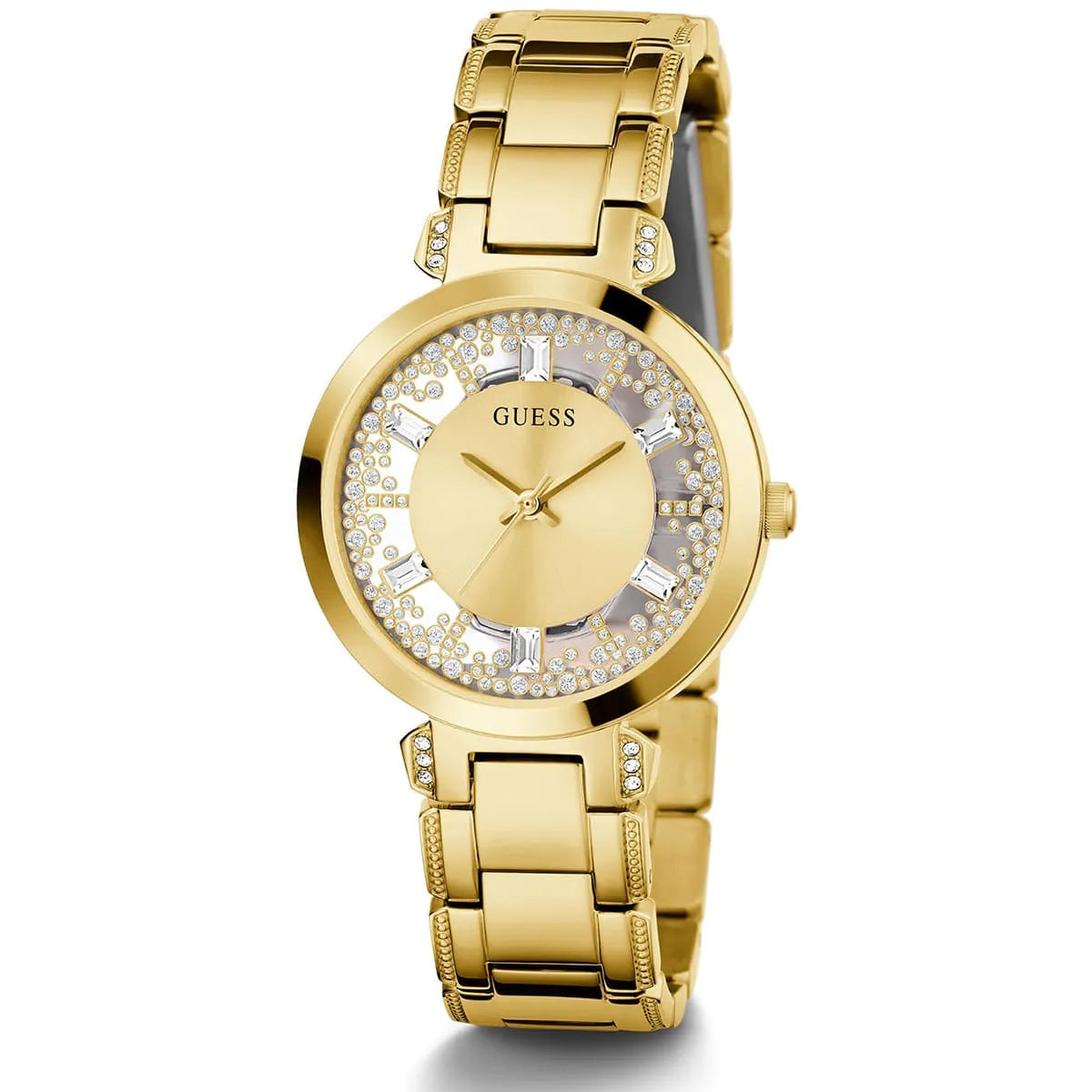 ساعة يد نسائية شفافة من مادة الكريستال الذهبي طراز GW0470L2 من Guess Crystal Clear