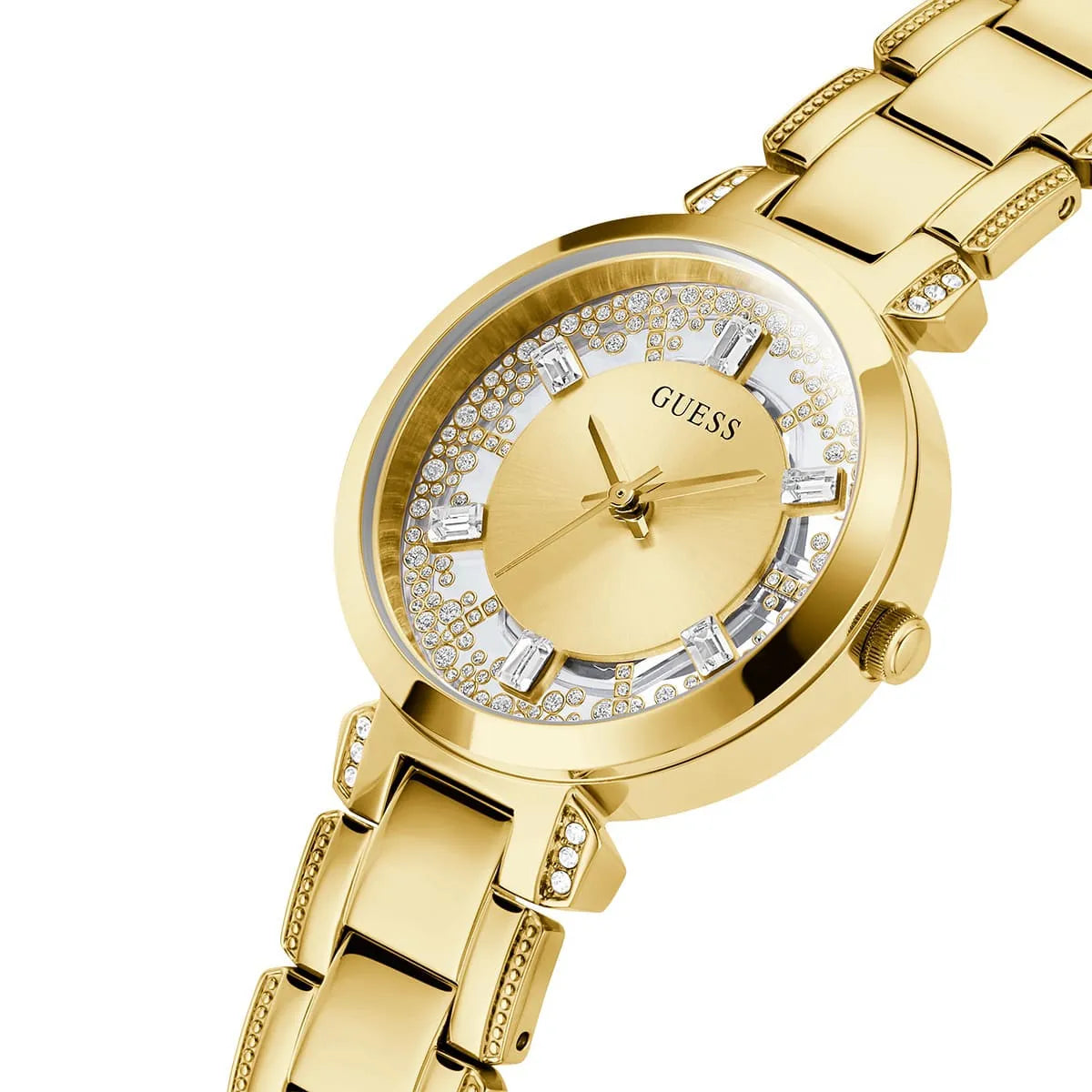ساعة يد نسائية شفافة من مادة الكريستال الذهبي طراز GW0470L2 من Guess Crystal Clear