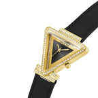 Guess Fame GW0504L5 Gold Triangle Case Crystal Bezel Black Dial Black Leather Women's Watch