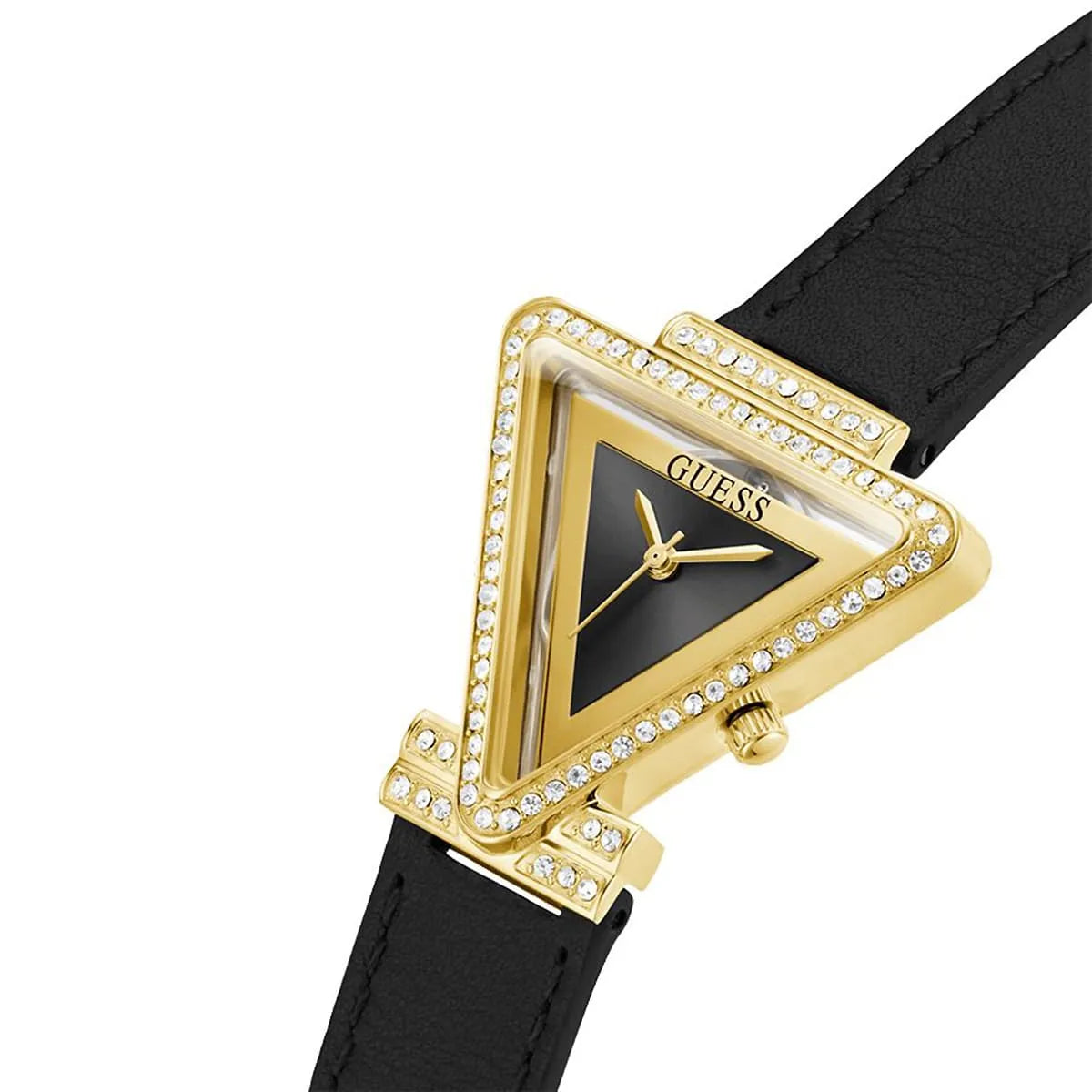 Guess Fame GW0504L5 Gold Triangle Case Crystal Bezel Black Dial Black Leather Women's Watch