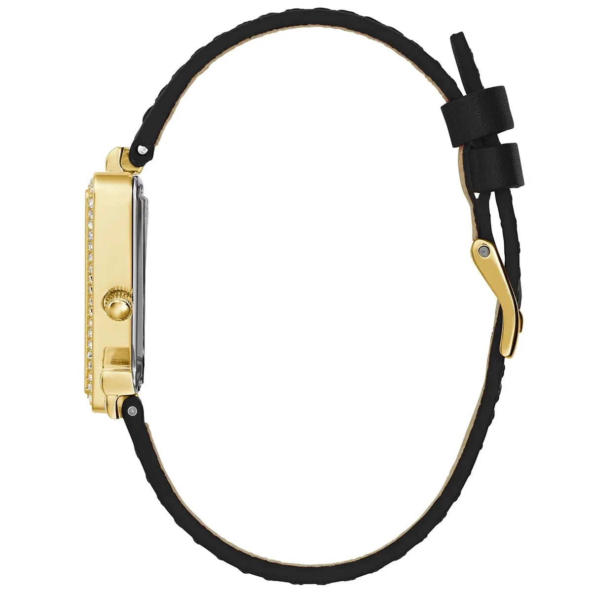 Guess Fame GW0504L5 Gold Triangle Case Crystal Bezel Black Dial Black Leather Women's Watch