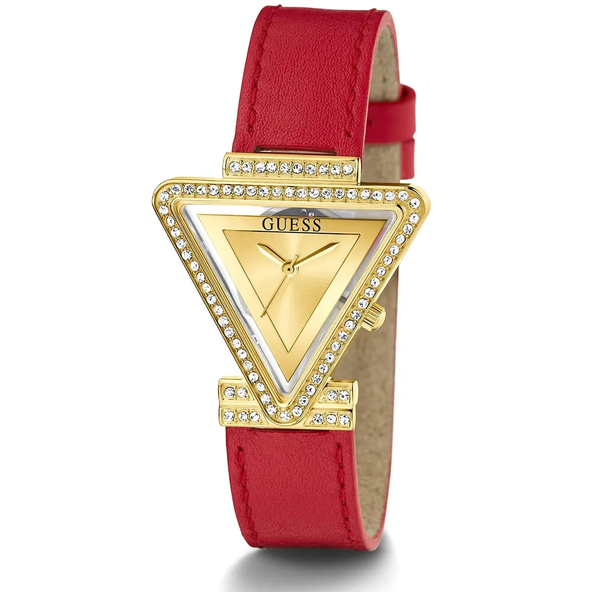 Guess Fame GW0504L2 Gold Triangle Case Crystal Bezel Red Leather Women's Watch