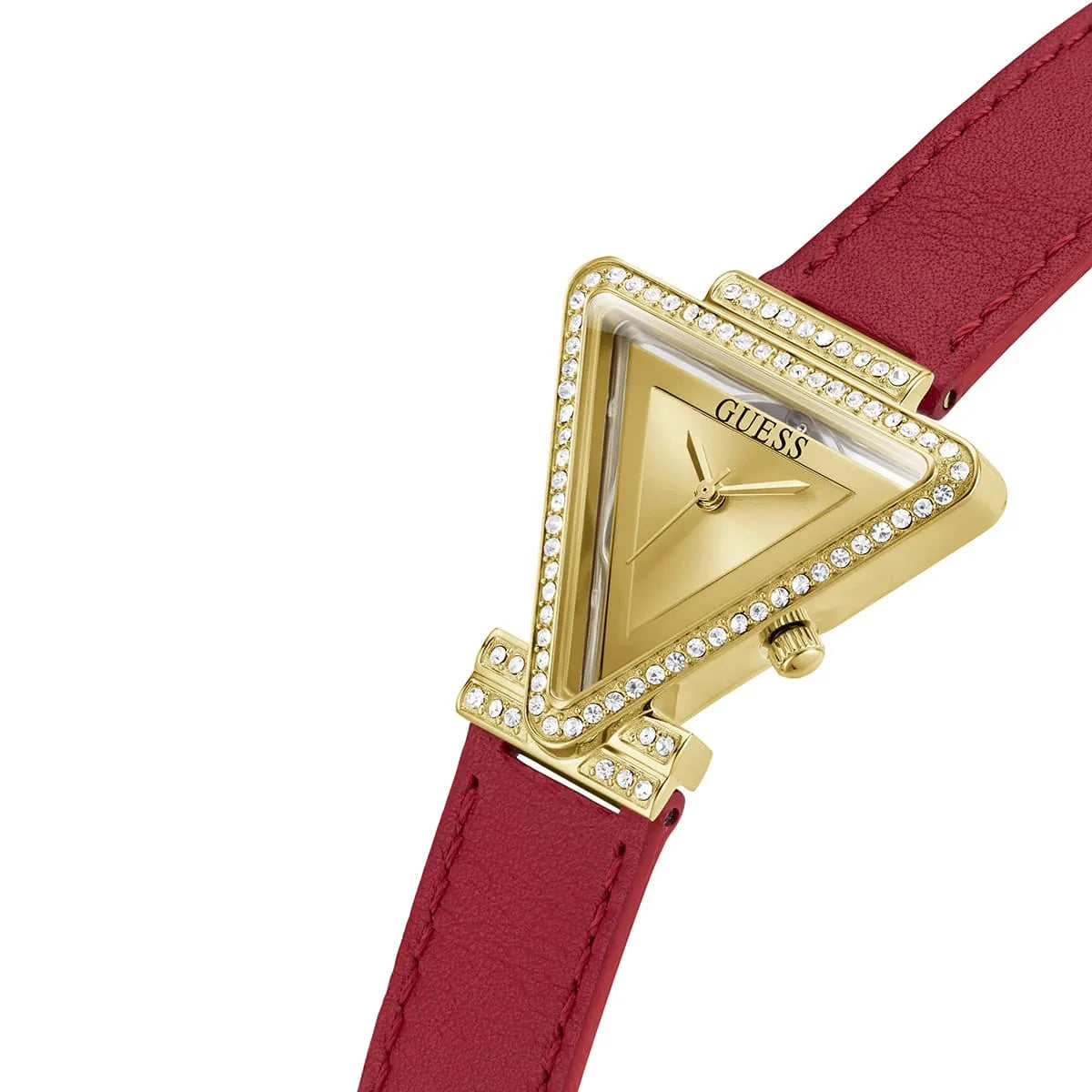Guess Fame GW0504L2 Gold Triangle Case Crystal Bezel Red Leather Women's Watch