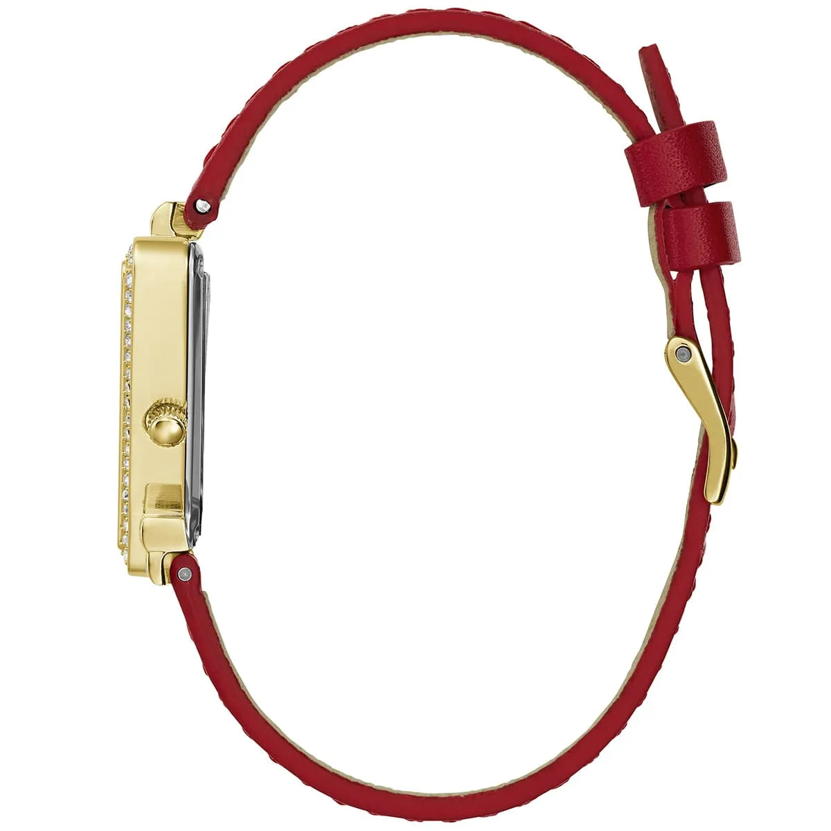 Guess Fame GW0504L2 Gold Triangle Case Crystal Bezel Red Leather Women's Watch
