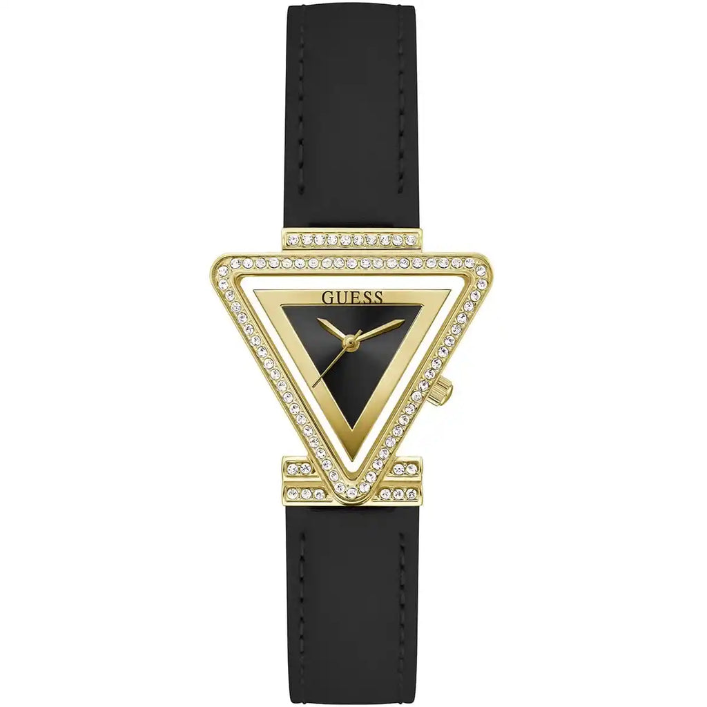 Guess Fame GW0504L5 Gold Triangle Case Crystal Bezel Black Dial Black Leather Women's Watch