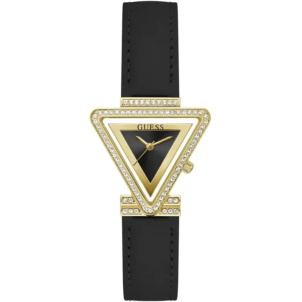 Guess Fame GW0504L5 Gold Triangle Case Crystal Bezel Black Dial Black Leather Women's Watch