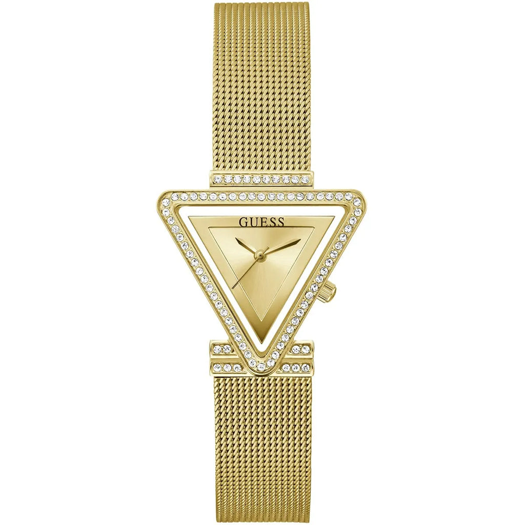 ساعة يد نسائية Guess Fame GW0508L2 ذهبية بمينا مثلث وحافة مرصعة بالكريستال وسوار شبكي ذهبي