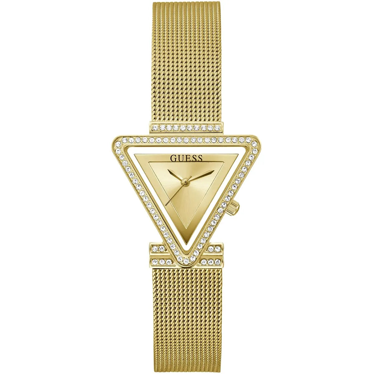 ساعة يد نسائية Guess Fame GW0508L2 ذهبية بمينا مثلث وحافة مرصعة بالكريستال وسوار شبكي ذهبي