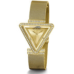 ساعة يد نسائية Guess Fame GW0508L2 ذهبية بمينا مثلث وحافة مرصعة بالكريستال وسوار شبكي ذهبي