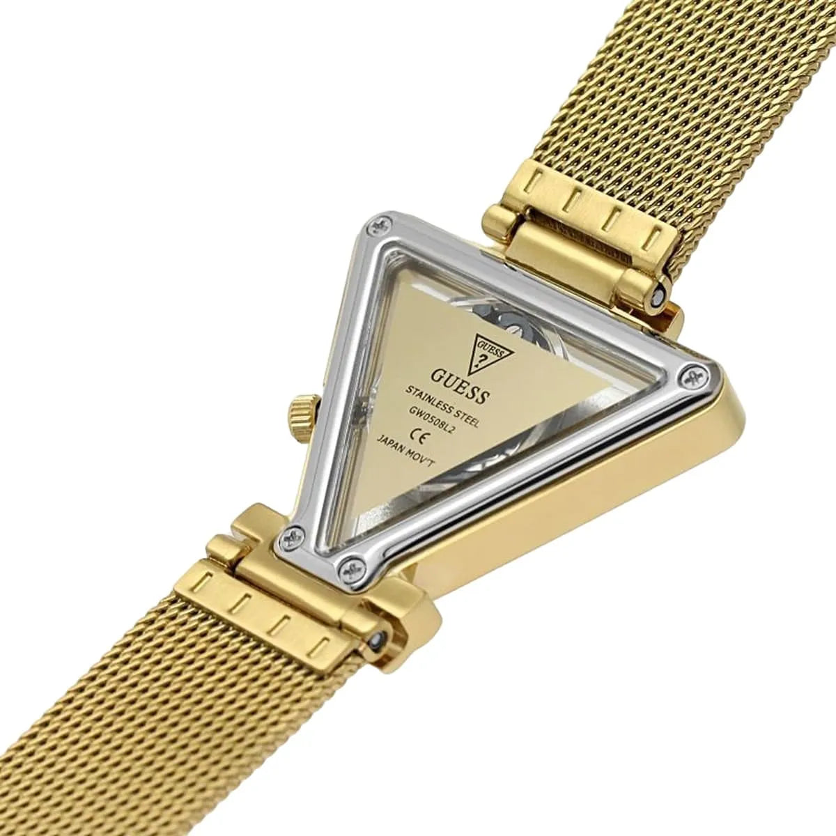 ساعة يد نسائية Guess Fame GW0508L2 ذهبية بمينا مثلث وحافة مرصعة بالكريستال وسوار شبكي ذهبي