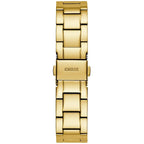 ساعة يد نسائية Guess Fame GW0508L2 ذهبية بمينا مثلث وحافة مرصعة بالكريستال وسوار شبكي ذهبي