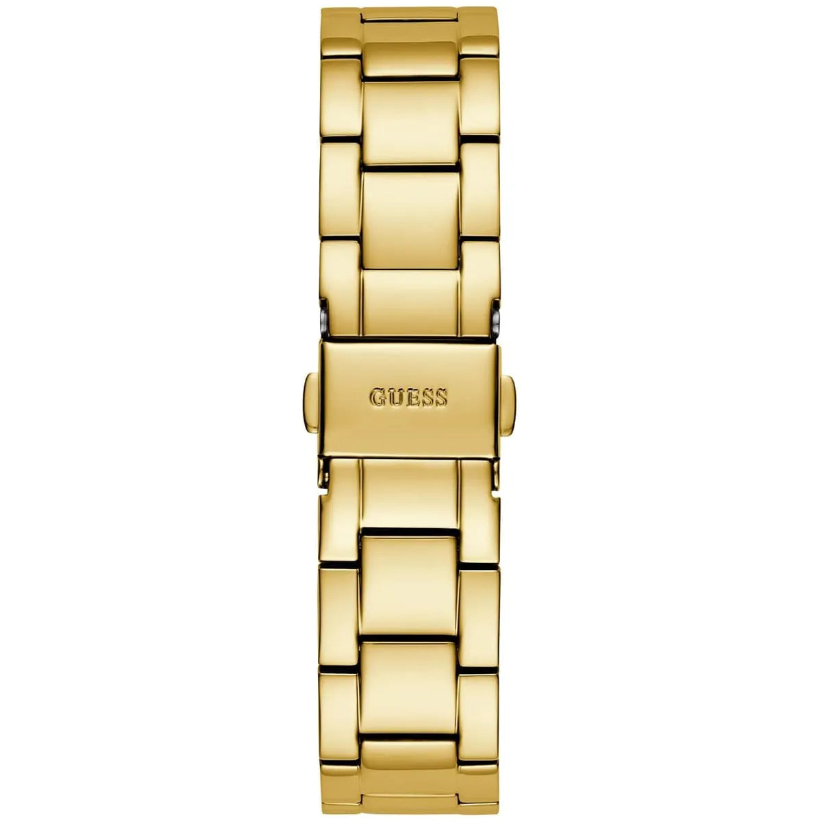 ساعة يد نسائية Guess Fame GW0508L2 ذهبية بمينا مثلث وحافة مرصعة بالكريستال وسوار شبكي ذهبي