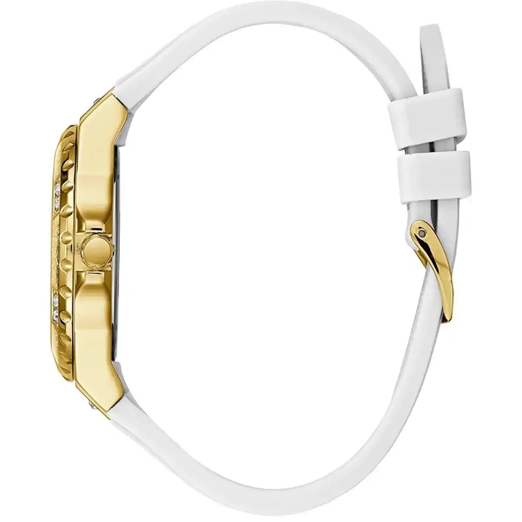 ساعة يد نسائية مطاطية بيضاء Guess Limelight GW0519L2 متعددة الوظائف بمينا ذهبي