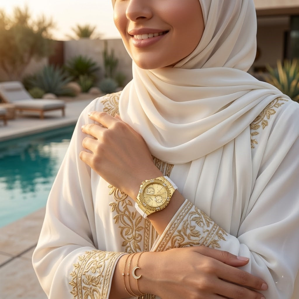 ساعة يد نسائية مطاطية بيضاء Guess Limelight GW0519L2 متعددة الوظائف بمينا ذهبي