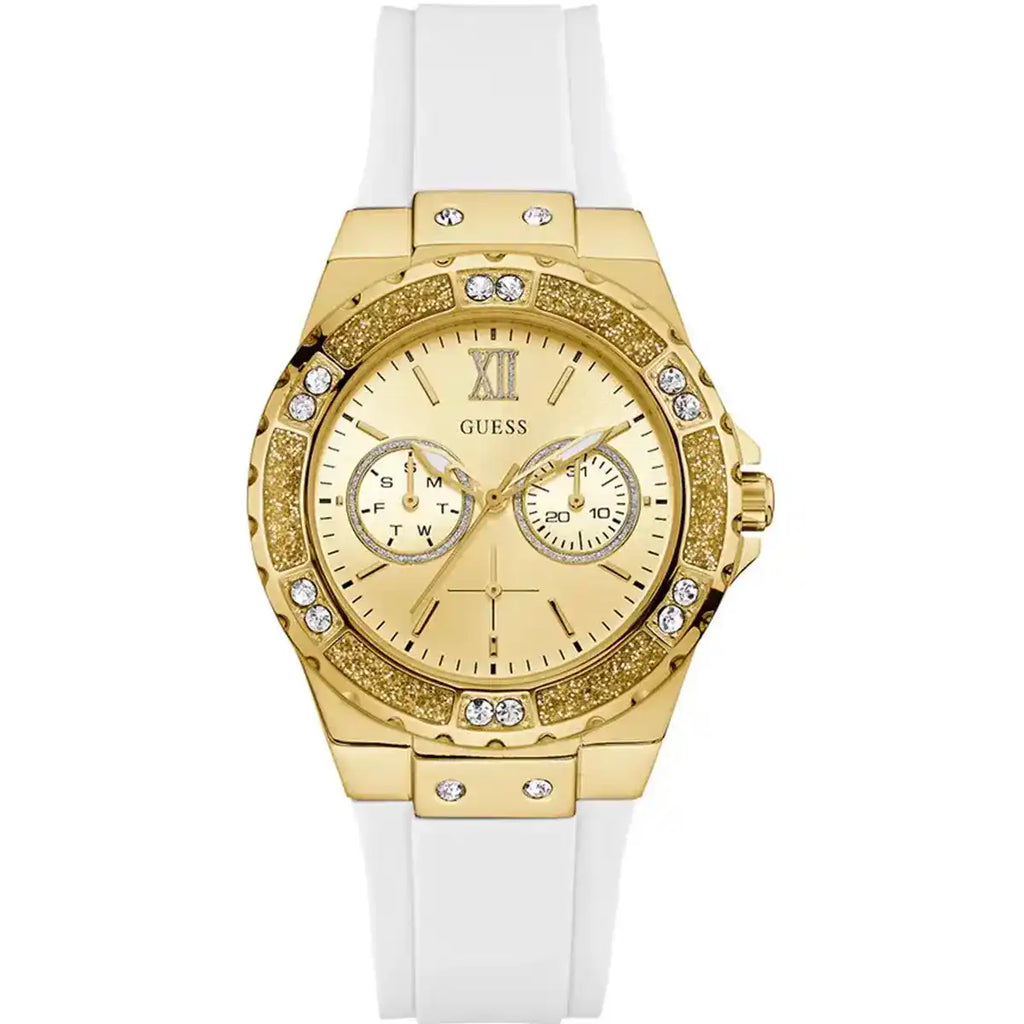 ساعة يد نسائية مطاطية بيضاء Guess Limelight GW0519L2 متعددة الوظائف بمينا ذهبي