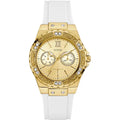 ساعة يد نسائية مطاطية بيضاء Guess Limelight GW0519L2 متعددة الوظائف بمينا ذهبي