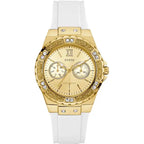 ساعة يد نسائية مطاطية بيضاء Guess Limelight GW0519L2 متعددة الوظائف بمينا ذهبي