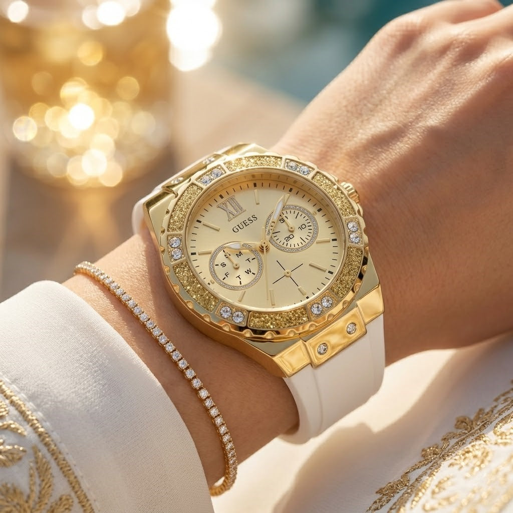 ساعة يد نسائية مطاطية بيضاء Guess Limelight GW0519L2 متعددة الوظائف بمينا ذهبي