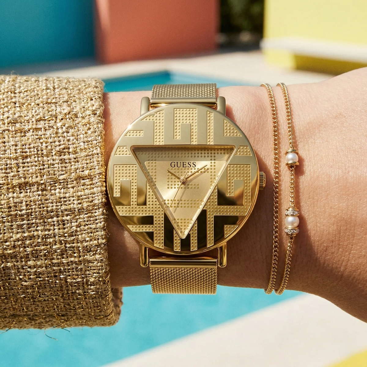 Guess Iconic GW0527L2 Gold Case Gold Triangle Dial Gold Mesh Women's Watch