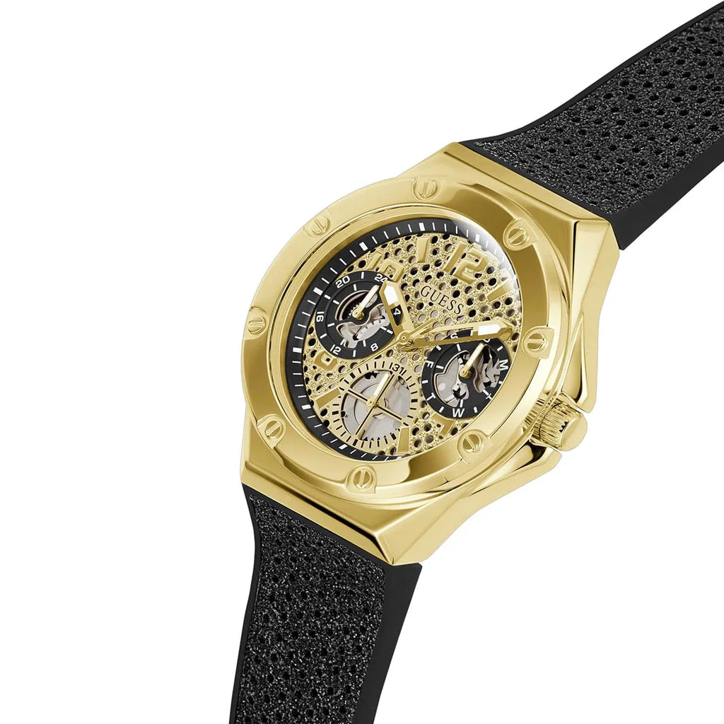 Guess Asteria Multi-Function GW0620L2 Gold Case Cut-Out Dial Black Rubber Women's Watch
