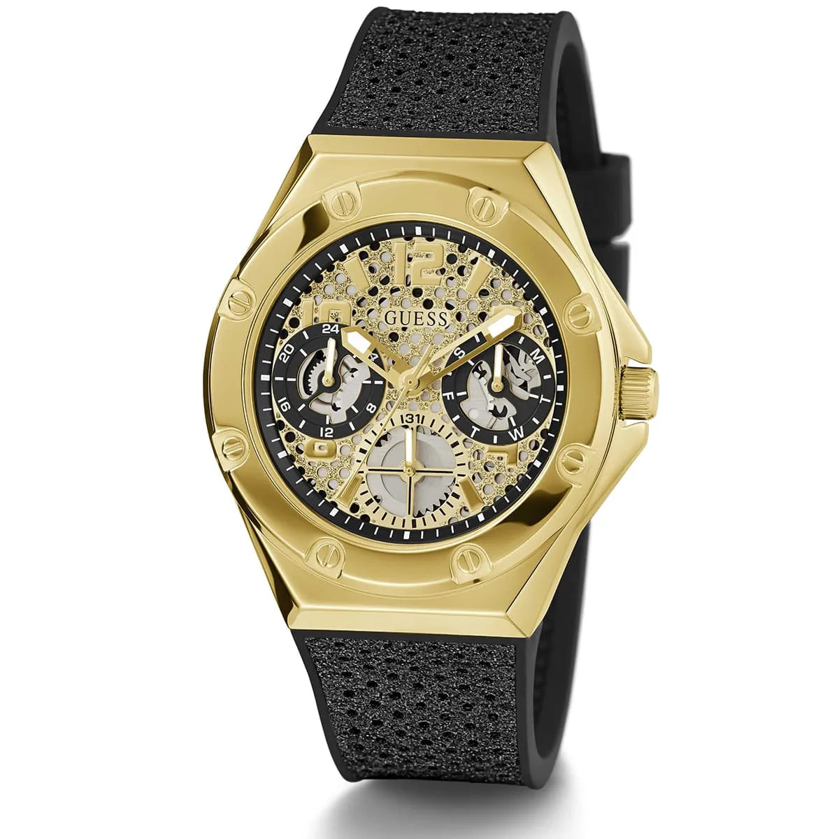 ساعة يد نسائية Guess Asteria Multi-Function GW0620L2 ذهبية اللون، قرص بتصميم Cut-Out، وحزام مطاطي أسود
