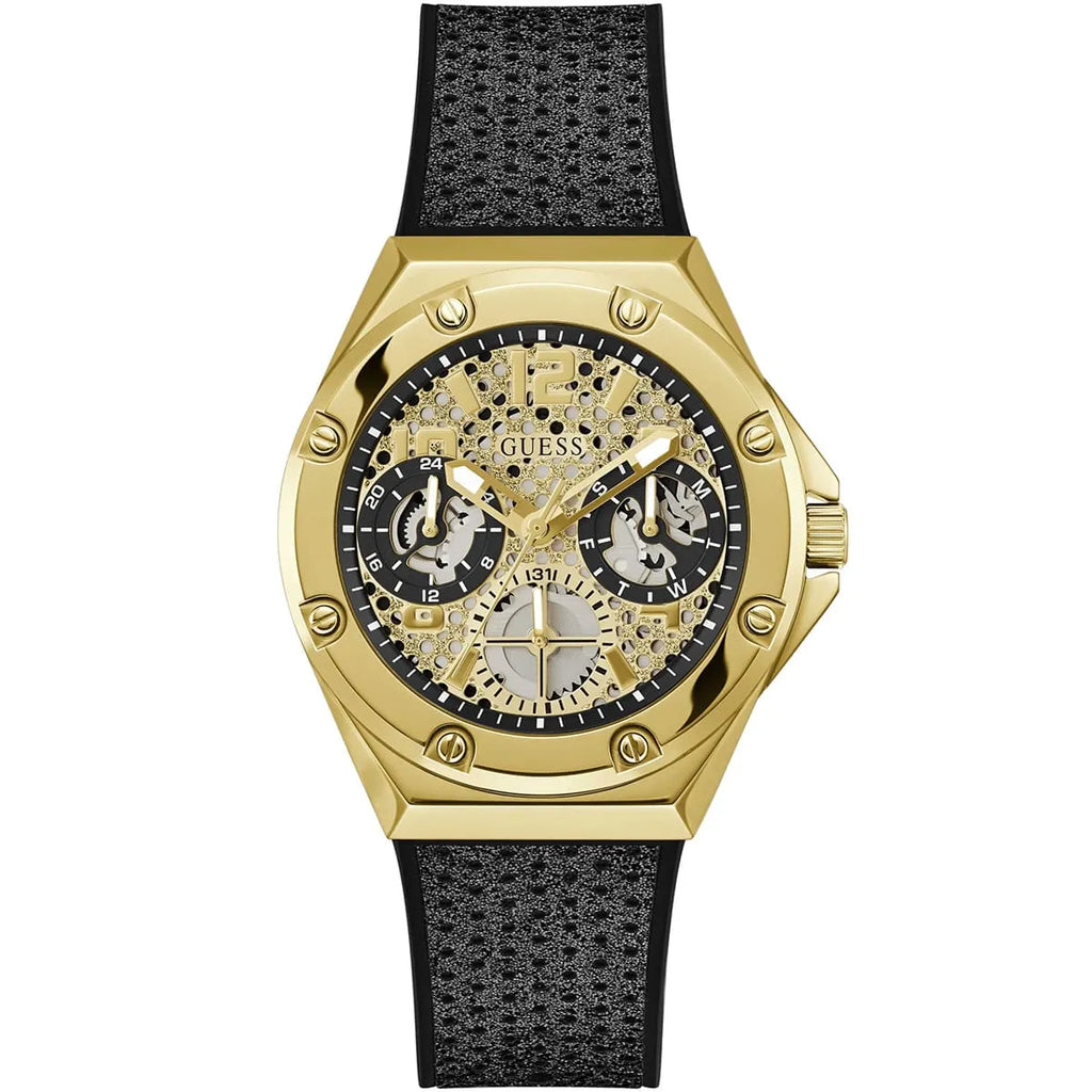 Guess Asteria Multi-Function GW0620L2 Gold Case Cut-Out Dial Black Rubber Women's Watch