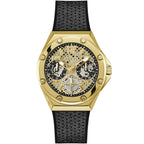 Guess Asteria Multi-Function GW0620L2 Gold Case Cut-Out Dial Black Rubber Women's Watch