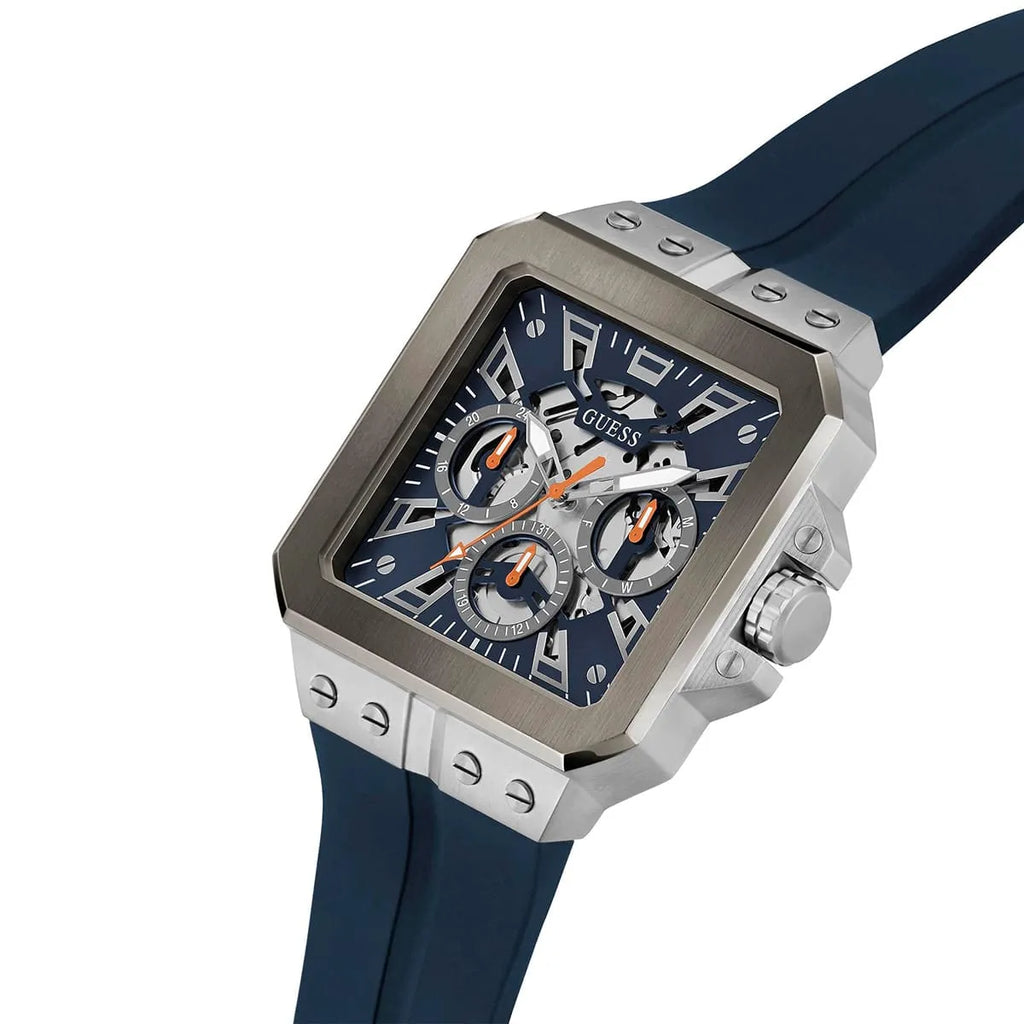 Guess LEO Multi-Function GW0637G1 Silver Case Crystal Bezel Navy Blue Rubber Men's Watch