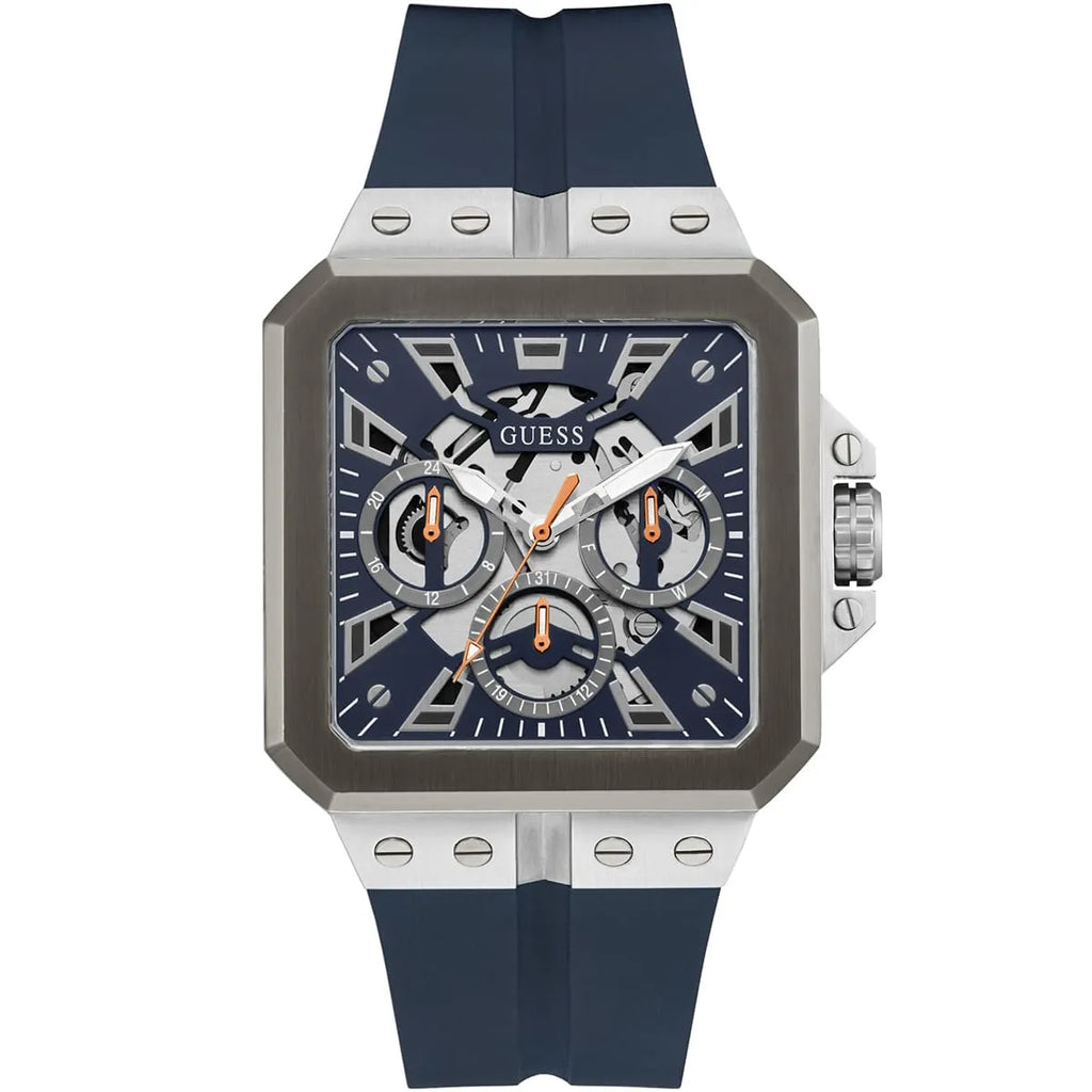 Guess LEO Multi-Function GW0637G1 Silver Case Crystal Bezel Navy Blue Rubber Men's Watch