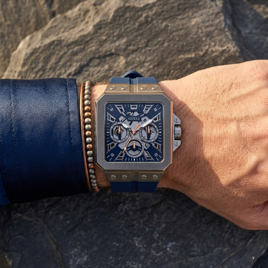 Guess LEO Multi-Function GW0637G1 Silver Case Crystal Bezel Navy Blue Rubber Men's Watch