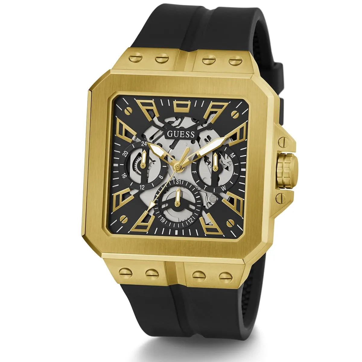Guess LEO Multi-Function GW0637G2 Gold Case Crystal Bezel Animal Print Rubber Men's Watch