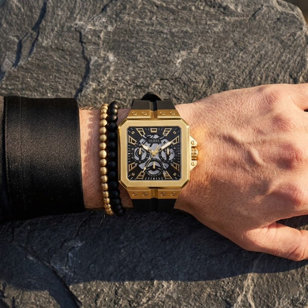 Guess LEO Multi-Function GW0637G2 Gold Case Crystal Bezel Animal Print Rubber Men's Watch