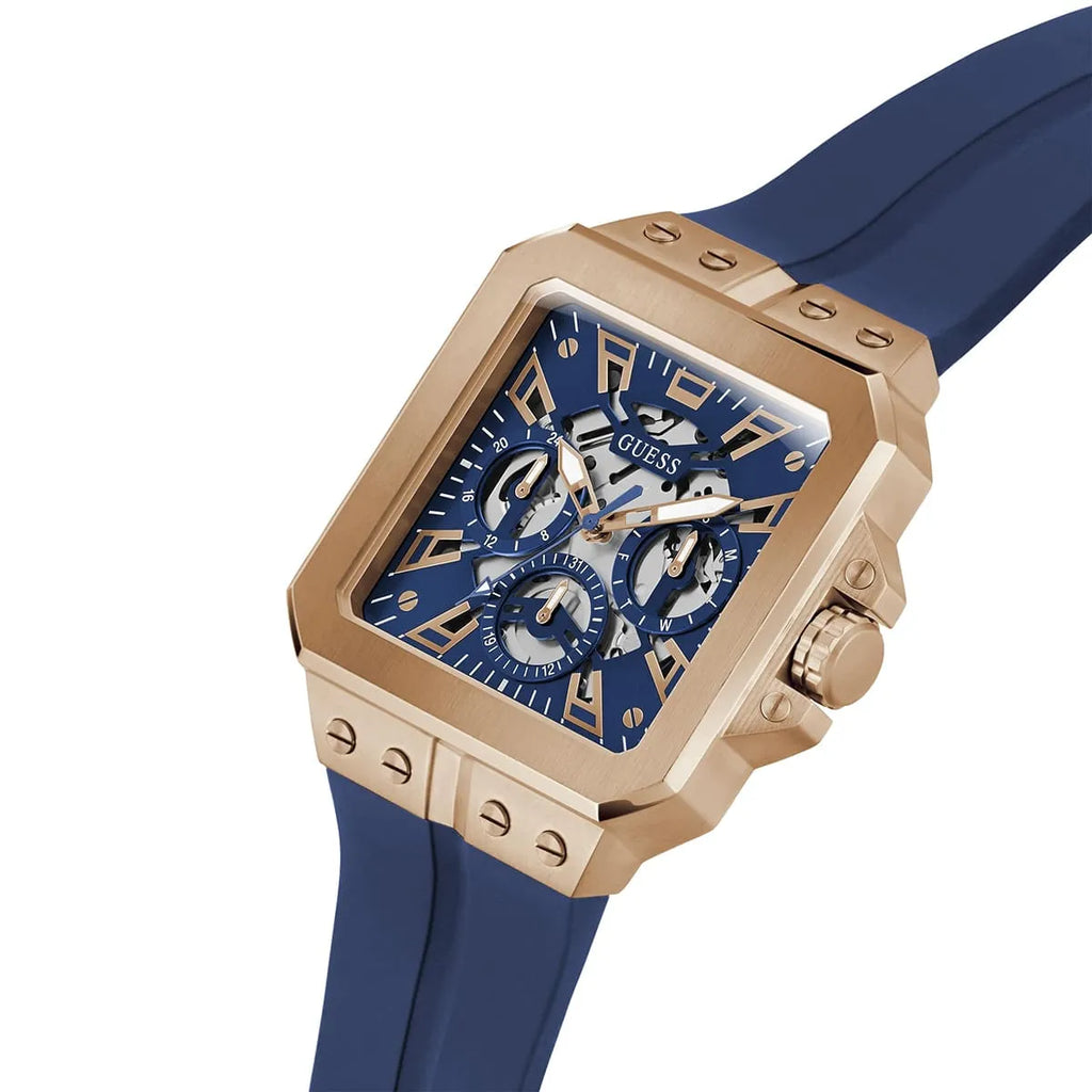 Guess LEO Multi-Function GW0637G3 Rose Gold Case Crystal Bezel Navy Blue Rubber Men's Watch
