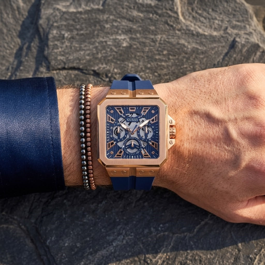 Guess LEO Multi-Function GW0637G3 Rose Gold Case Crystal Bezel Navy Blue Rubber Men's Watch